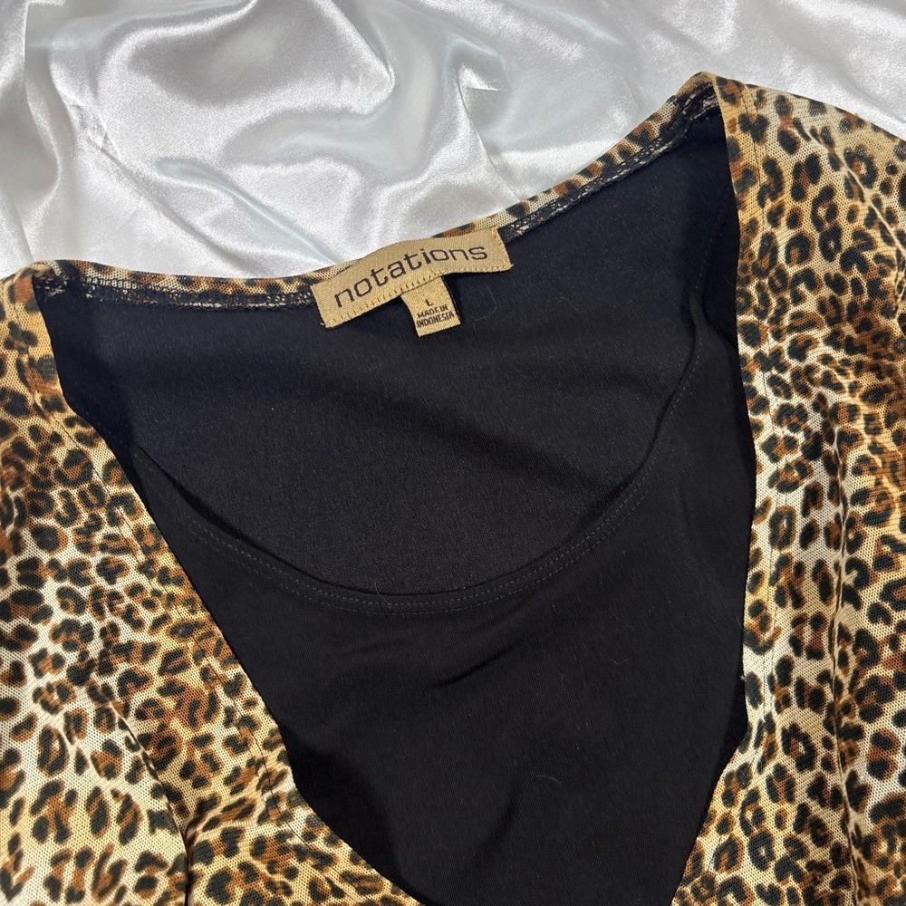 y2k Notations Leopard Print Top Brown Excellent Faux Wrap Ring Detail Blouse - Picture 3 of 6
